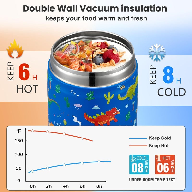 Howeemo 17oz Soup Thermo for Hot Food Kids,Insulated Food Jar with Spoon,Thermo Hot Food Lunch Container,Wide Mouth Leakproof Stainless Steel Lunch Box for School-Dinosaur - Image 3